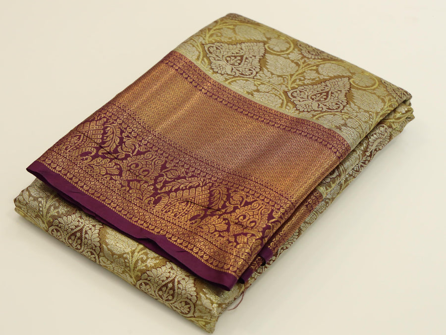 Antique Gold Kanchipuram Inspired Semi Silk Saree with Wide Contrast Border