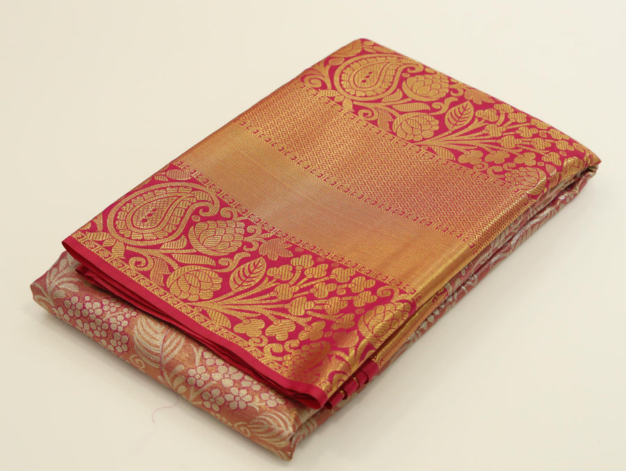 Peach Orange Kanchipuram Inspired Semi Silk Saree with Wide Contrast Border