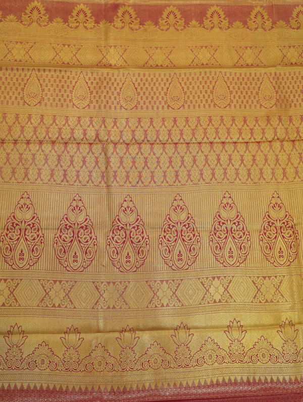 Peach Orange Kanchipuram Inspired Semi Silk Saree with Wide Contrast Border
