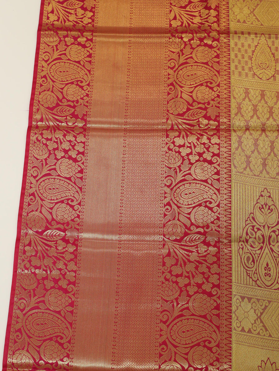 Peach Orange Kanchipuram Inspired Semi Silk Saree with Wide Contrast Border