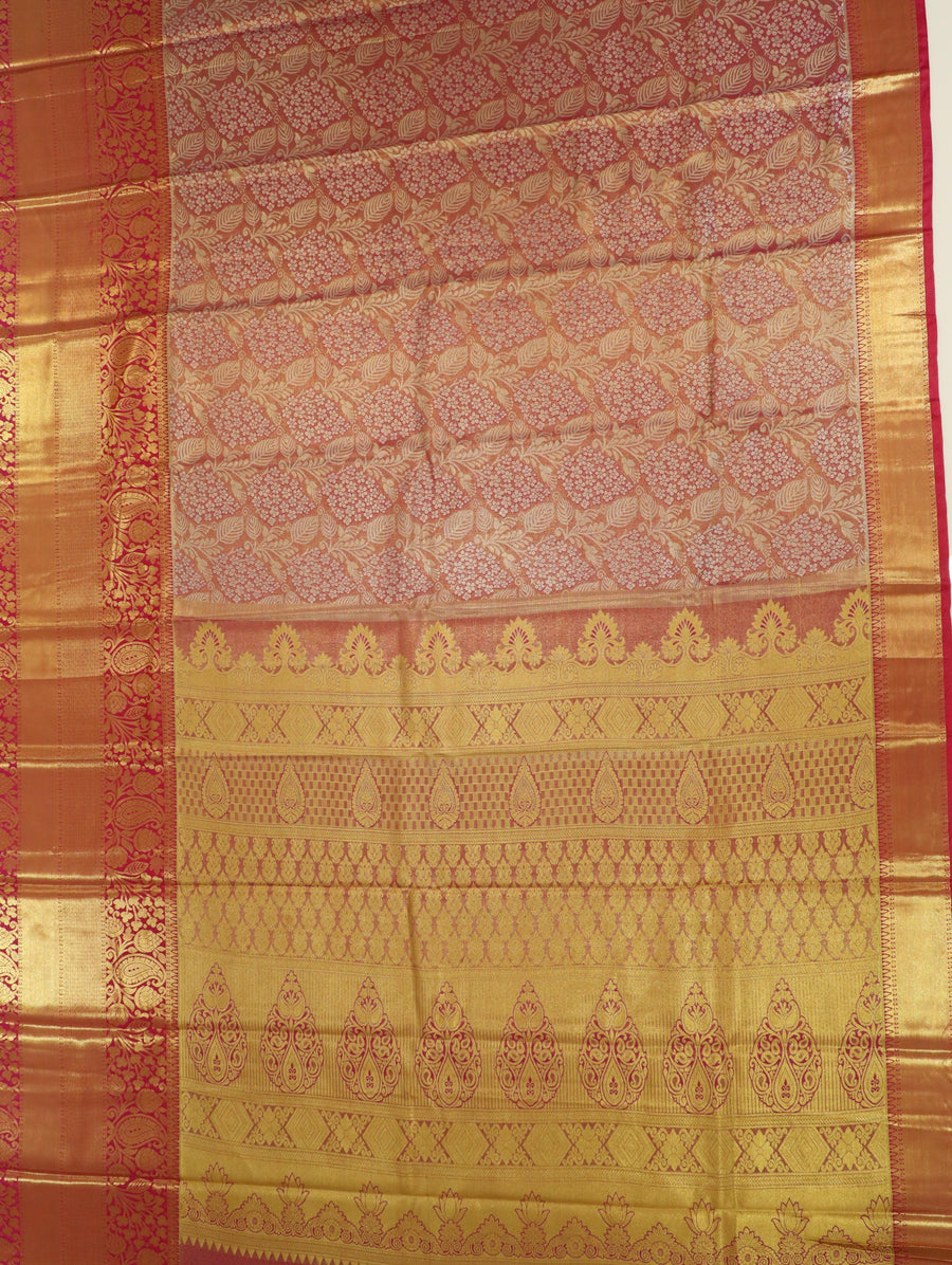 Peach Orange Kanchipuram Inspired Semi Silk Saree with Wide Contrast Border