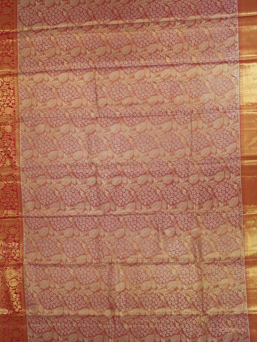 Peach Orange Kanchipuram Inspired Semi Silk Saree with Wide Contrast Border