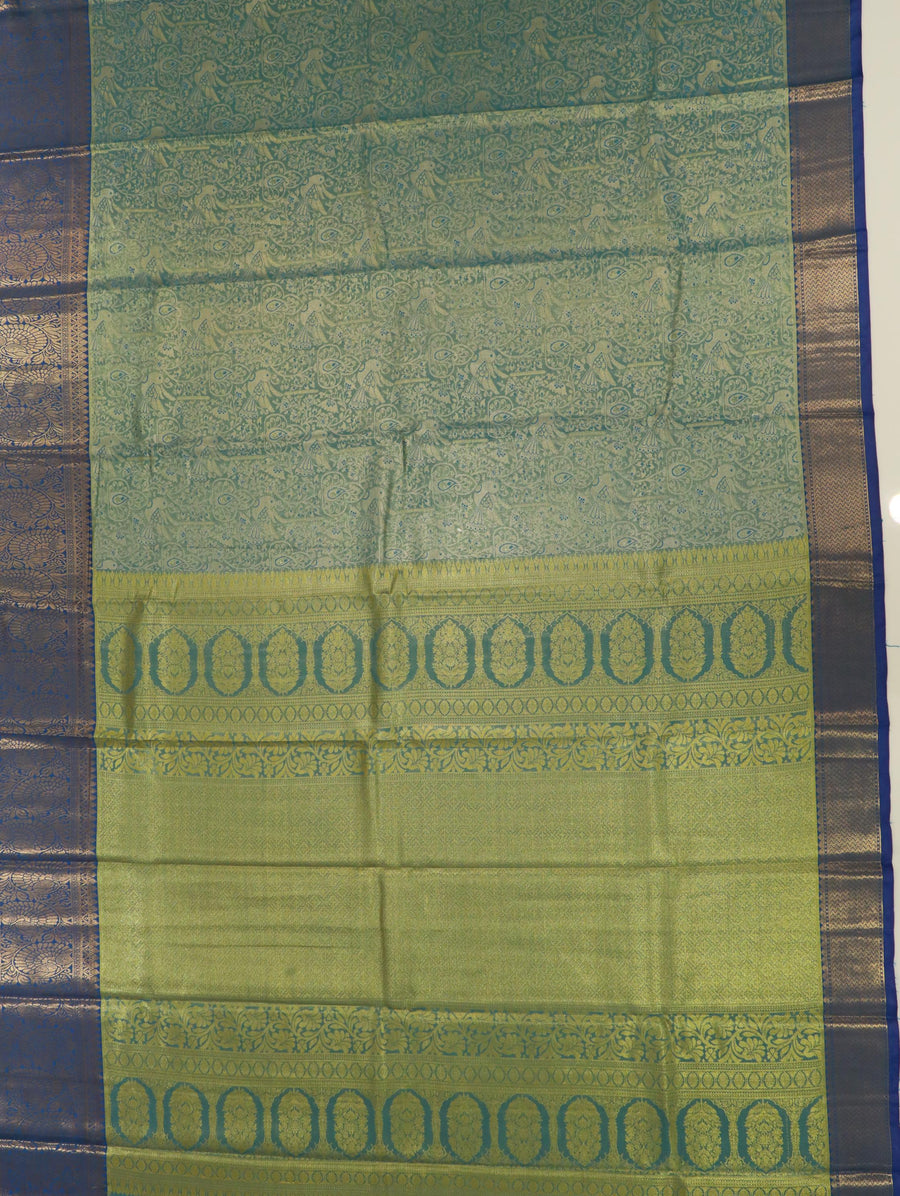 Parrot Green Kanchipuram Inspired Semi Silk Saree with Wide Contrast Border