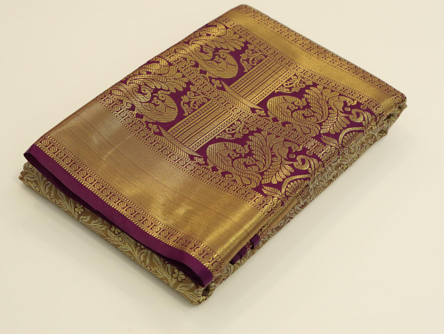 Peach Orange Kanchipuram Inspired Semi Silk Saree with Wide Contrast Border