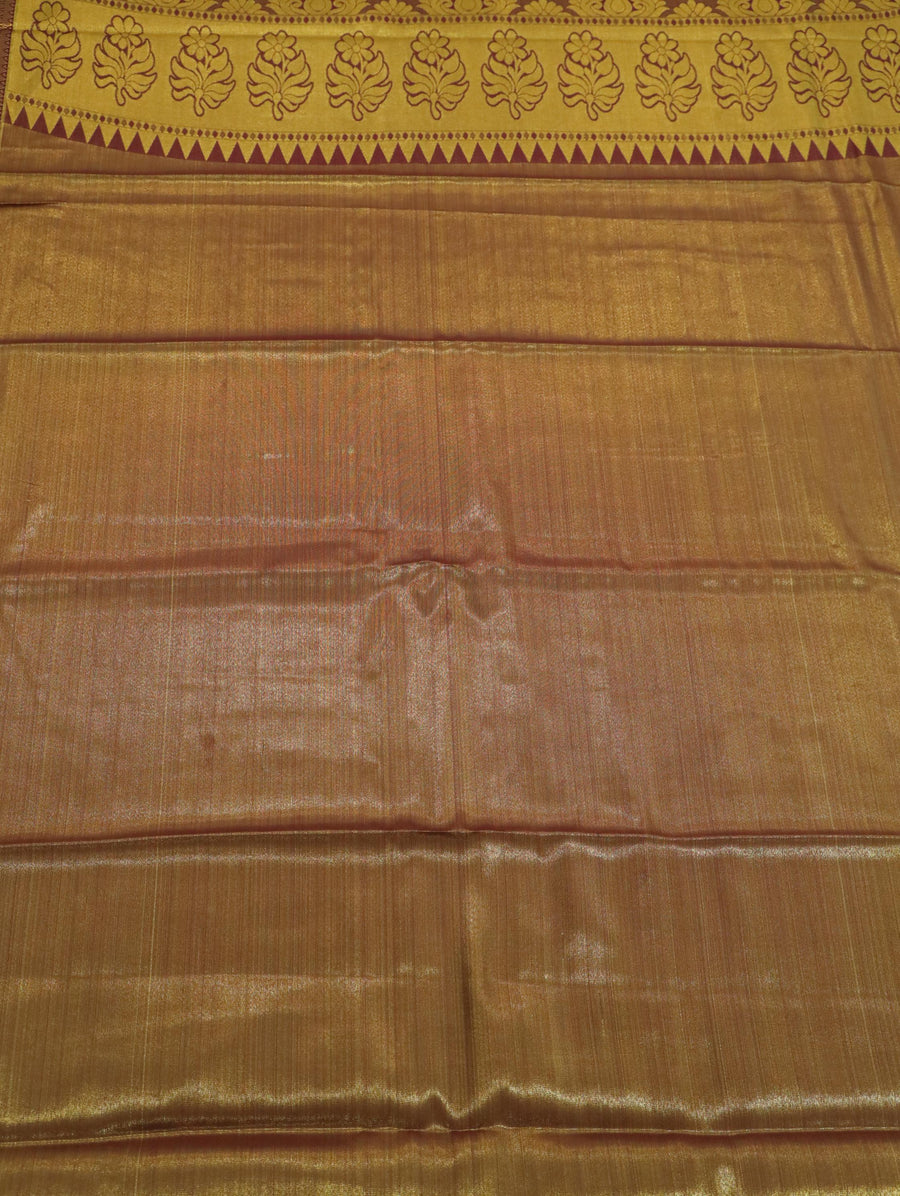 Peach Orange Kanchipuram Inspired Semi Silk Saree with Wide Contrast Border