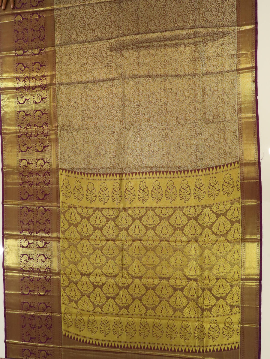 Peach Orange Kanchipuram Inspired Semi Silk Saree with Wide Contrast Border
