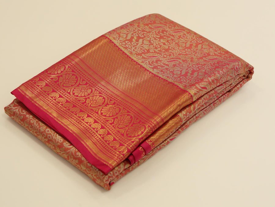 Mustard Gold Kanchipuram Inspired Semi Silk Saree with Wide Contrast Border