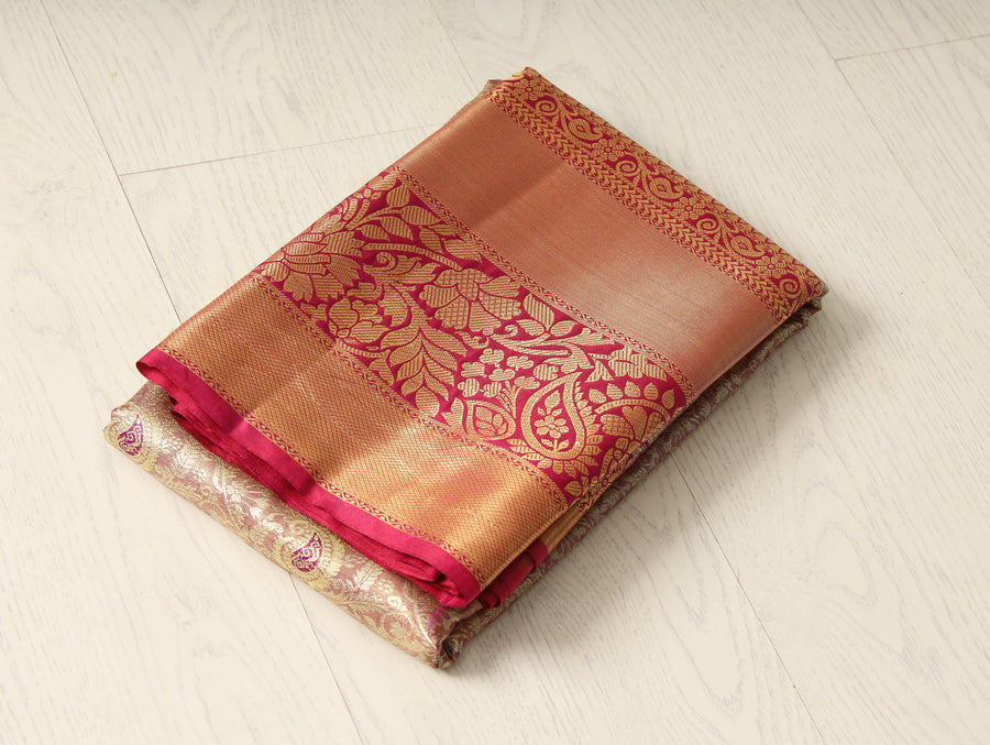 Ivory Red Kanchipuram Inspired Semi Silk Saree with Wide Contrast Border