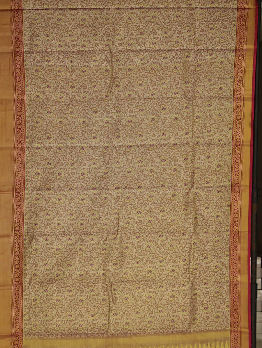 Ivory Red Kanchipuram Inspired Semi Silk Saree with Wide Contrast Border