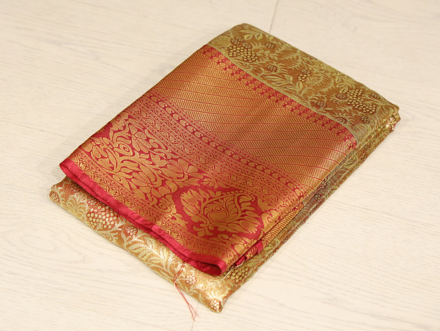 Cream Gold Kanchipuram Inspired Semi Silk Saree with Wide Contrast Border