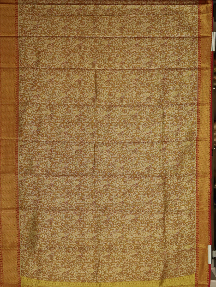 Cream Gold Kanchipuram Inspired Semi Silk Saree with Wide Contrast Border