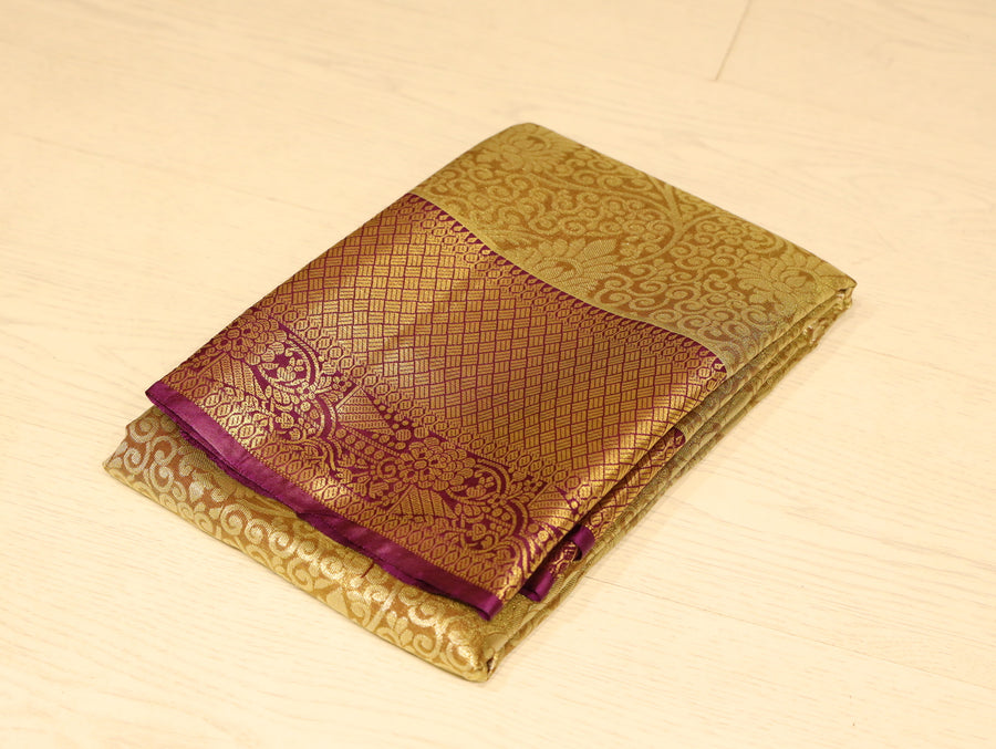 Mustard Gold Kanchipuram Inspired Semi Silk Saree with Wide Contrast Border