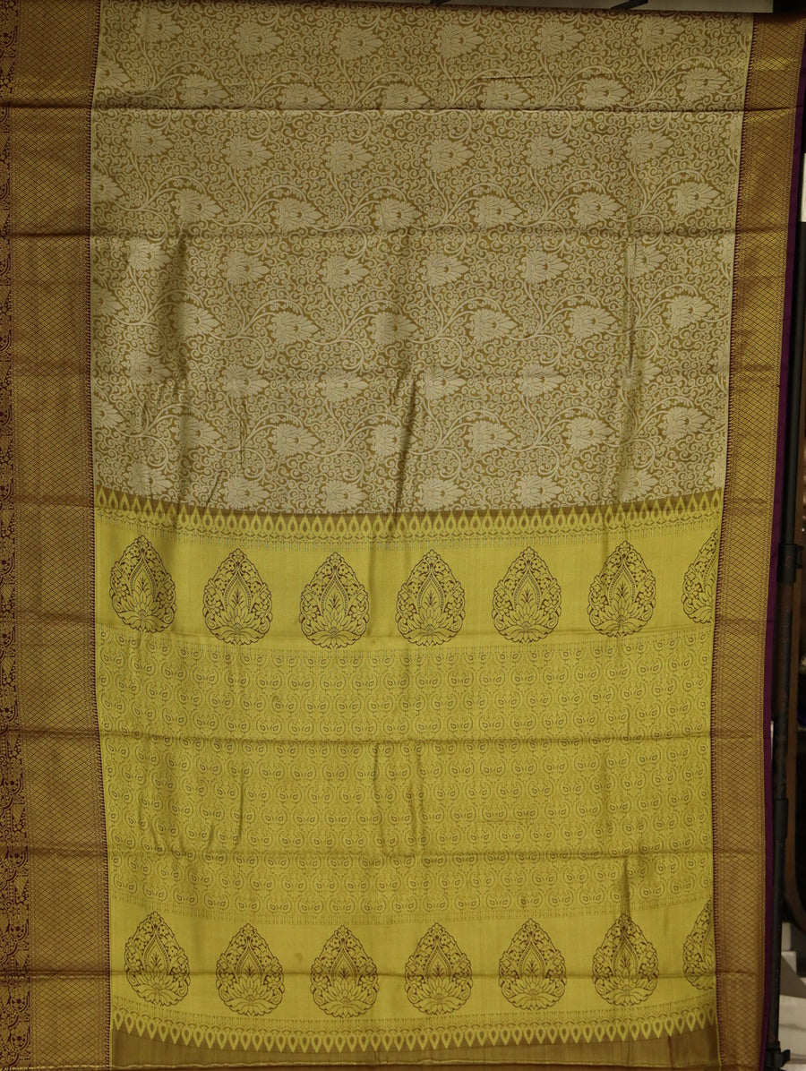 Mustard Gold Kanchipuram Inspired Semi Silk Saree with Wide Contrast Border