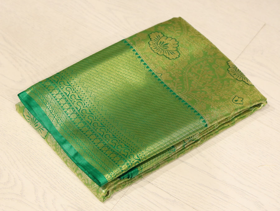 Lime Green Kanchipuram Inspired Semi Silk Saree with Self Wide Border