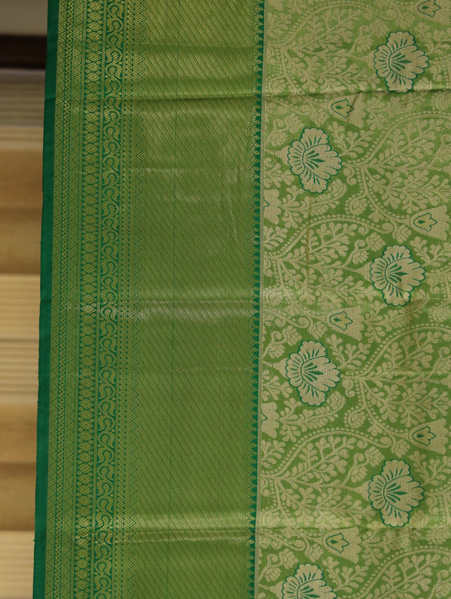 Lime Green Kanchipuram Inspired Semi Silk Saree with Self Wide Border