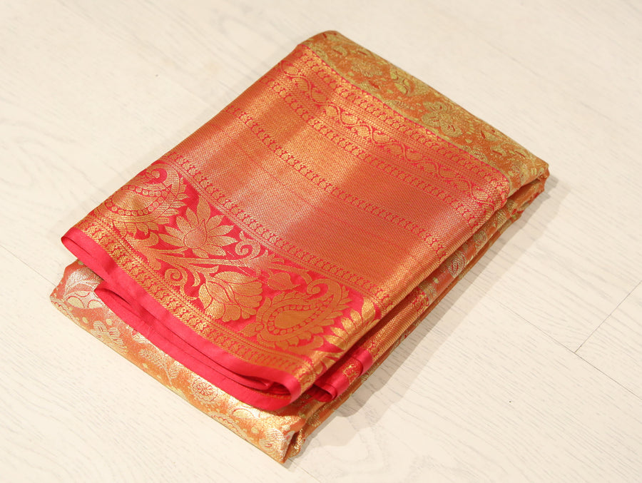 Rust Orange Kanchipuram Inspired Semi Silk Saree with Wide Contrast Border
