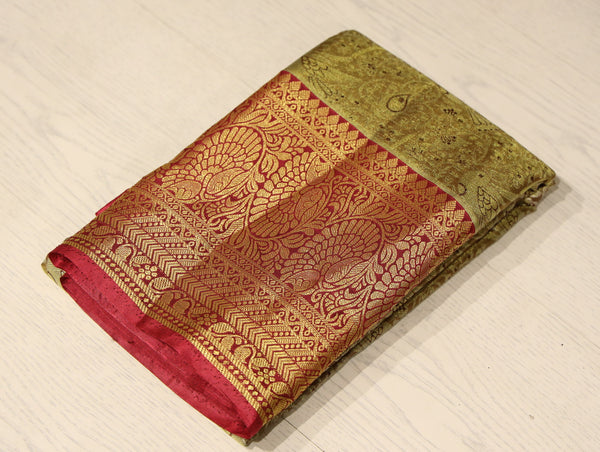 Olive Green Gadwal Inspired Semi Silk Saree with Contrast Border