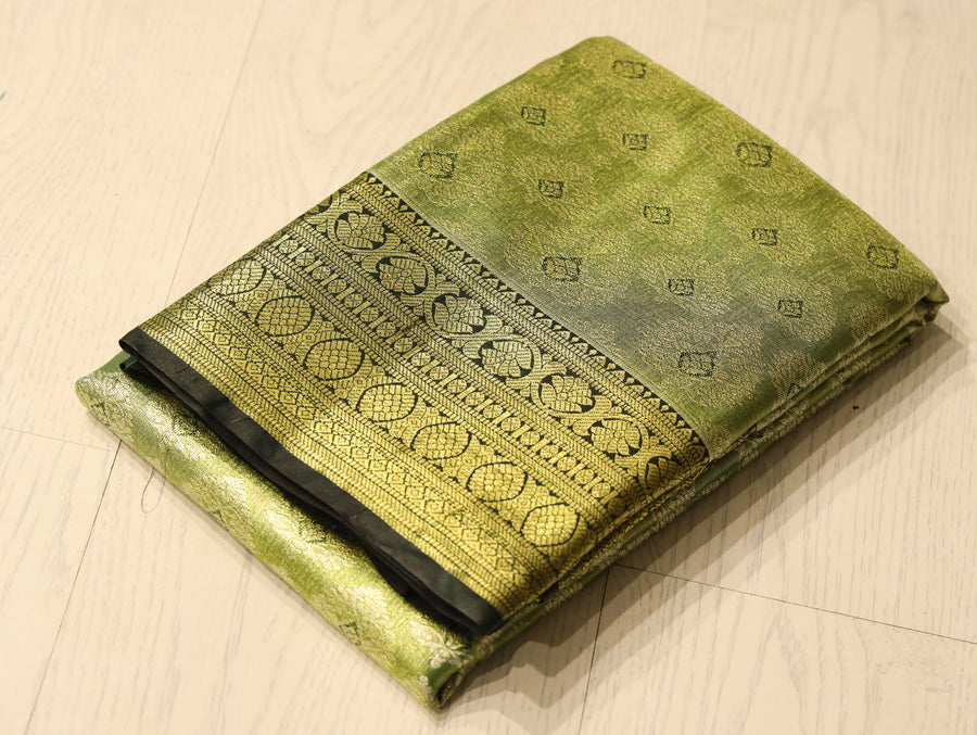 Mustard Yellow Kanchipuram Inspired Semi Silk Saree with Wide Contrast Border