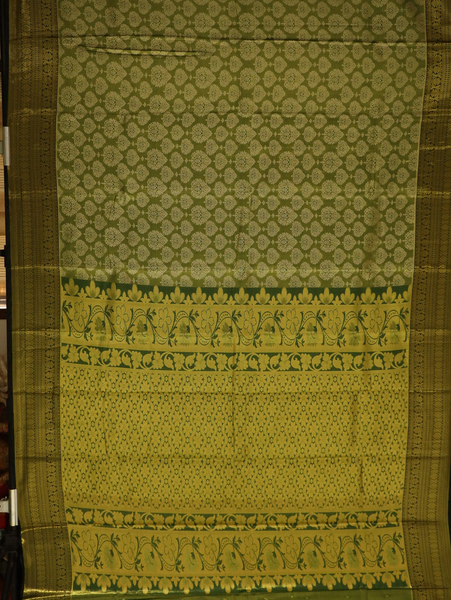 Mustard Yellow Kanchipuram Inspired Semi Silk Saree with Wide Contrast Border