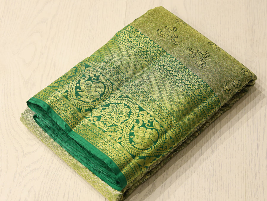 Beige Gold Kanchipuram Inspired Semi Silk Saree with Wide Contrast Border