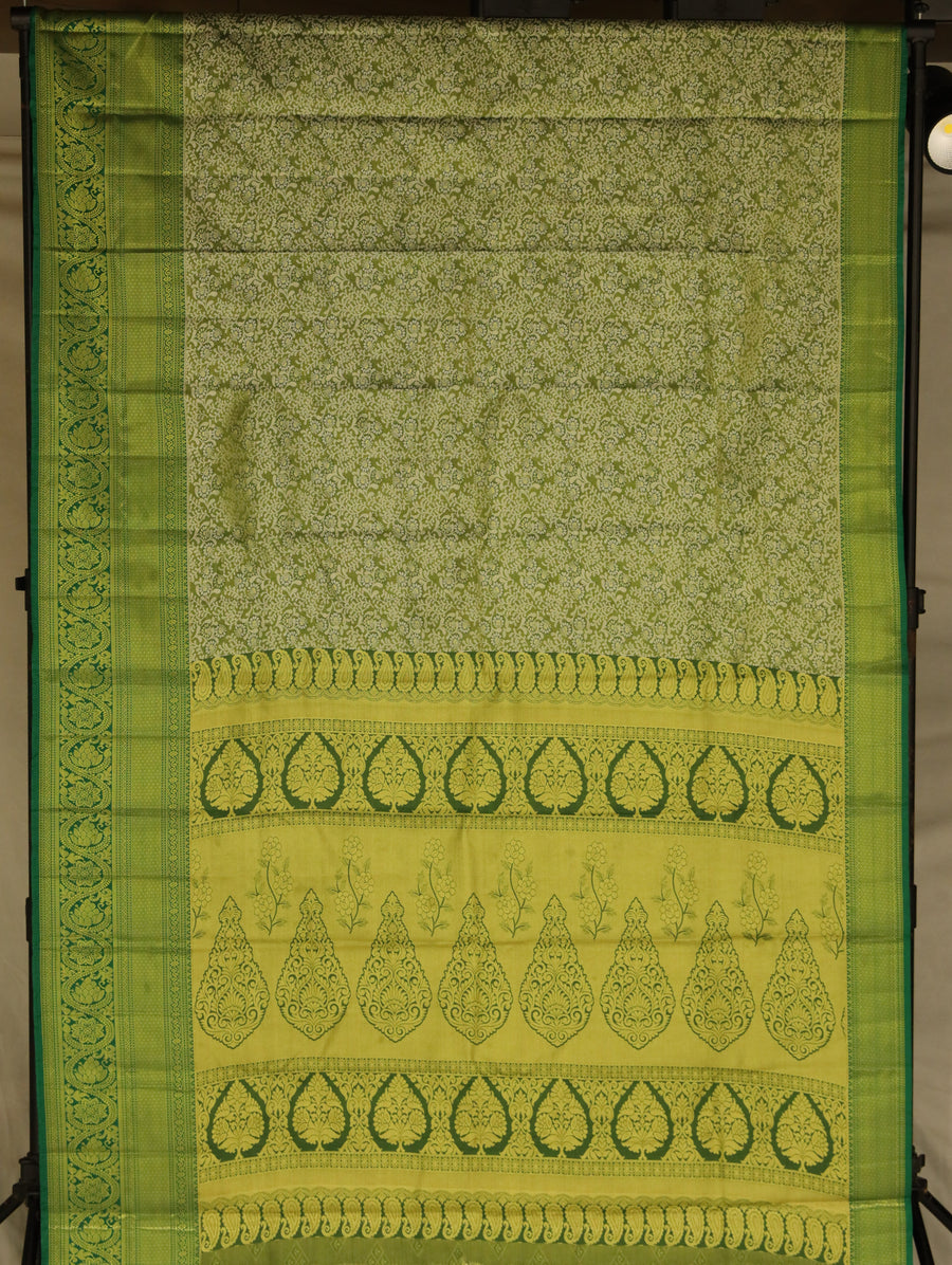 Beige Gold Kanchipuram Inspired Semi Silk Saree with Wide Contrast Border