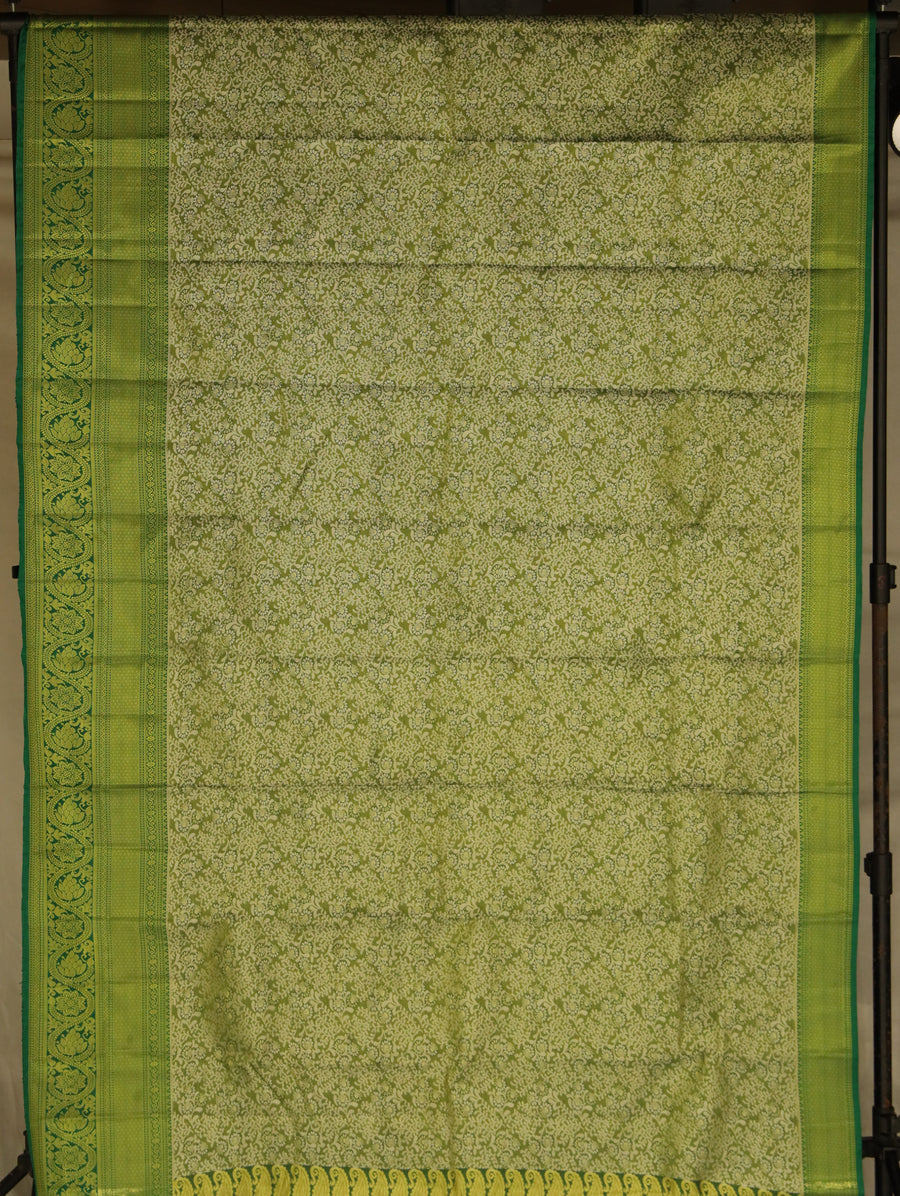 Beige Gold Kanchipuram Inspired Semi Silk Saree with Wide Contrast Border