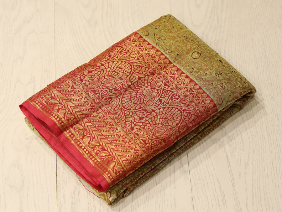 Olive Green Kanchipuram Inspired Semi Silk Saree with Wide Contrast Border
