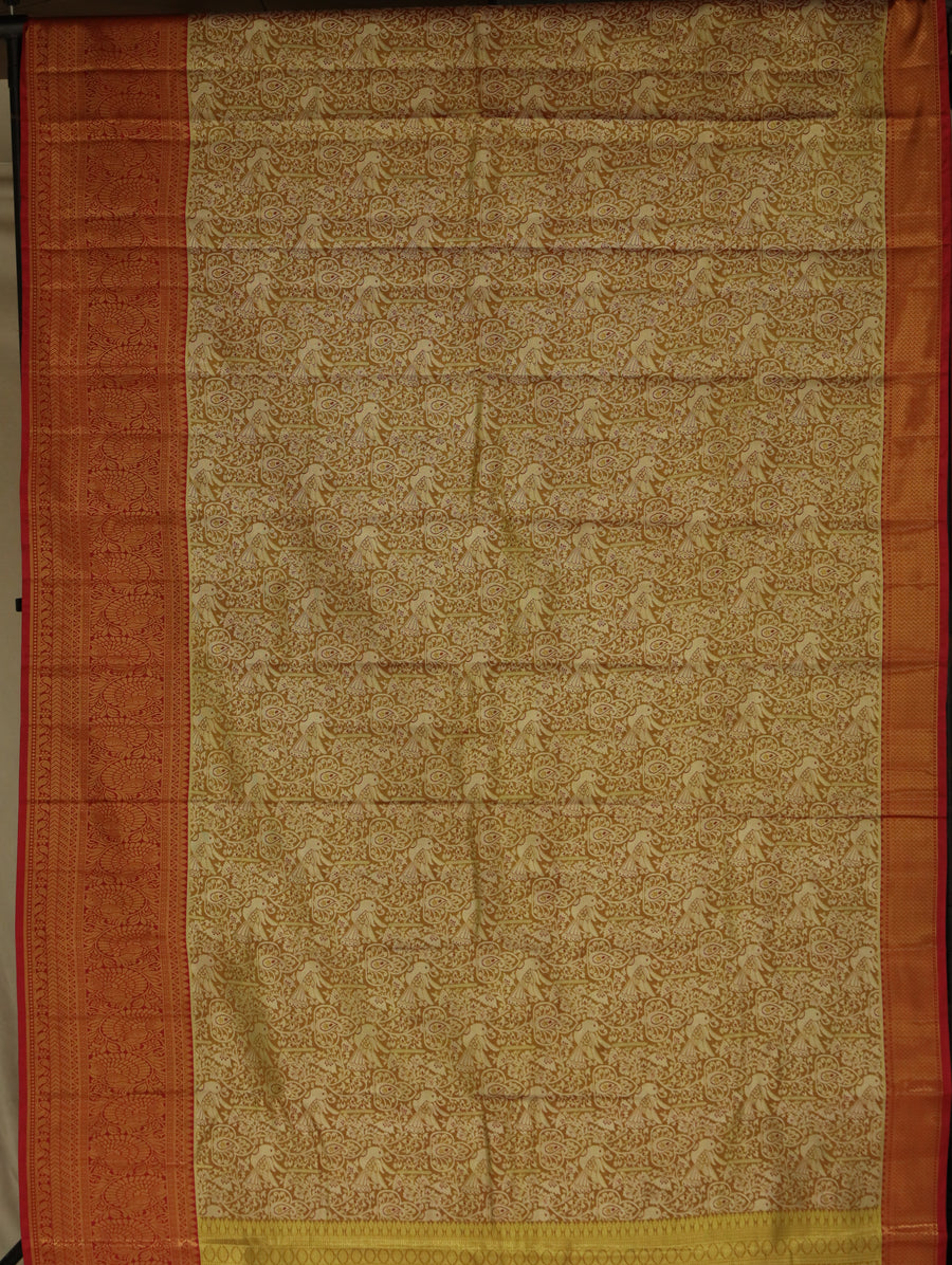 Olive Green Kanchipuram Inspired Semi Silk Saree with Wide Contrast Border