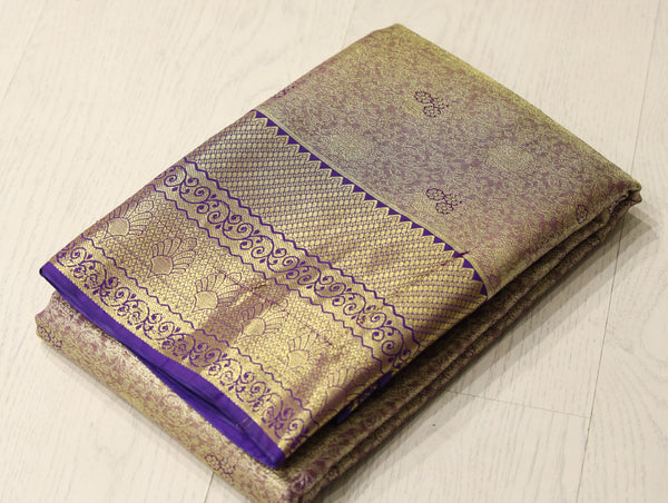 Beige Gold Kanchipuram Inspired Semi Silk Saree with Wide Contrast Border