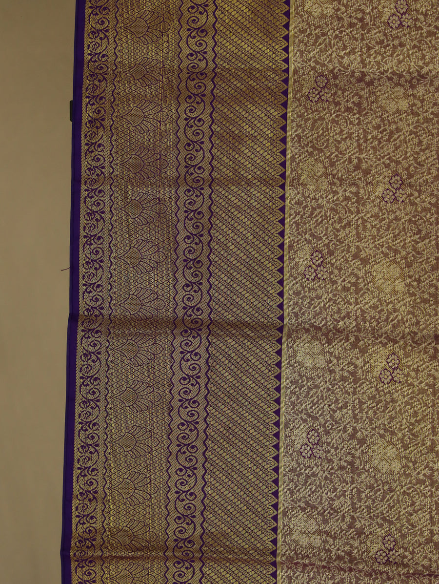 Beige Gold Kanchipuram Inspired Semi Silk Saree with Wide Contrast Border