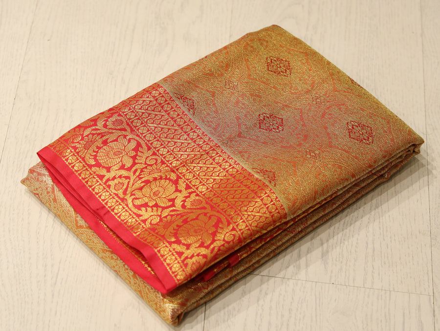 Golden Beige Kanchipuram Inspired Semi Silk Saree with Wide Contrast Border