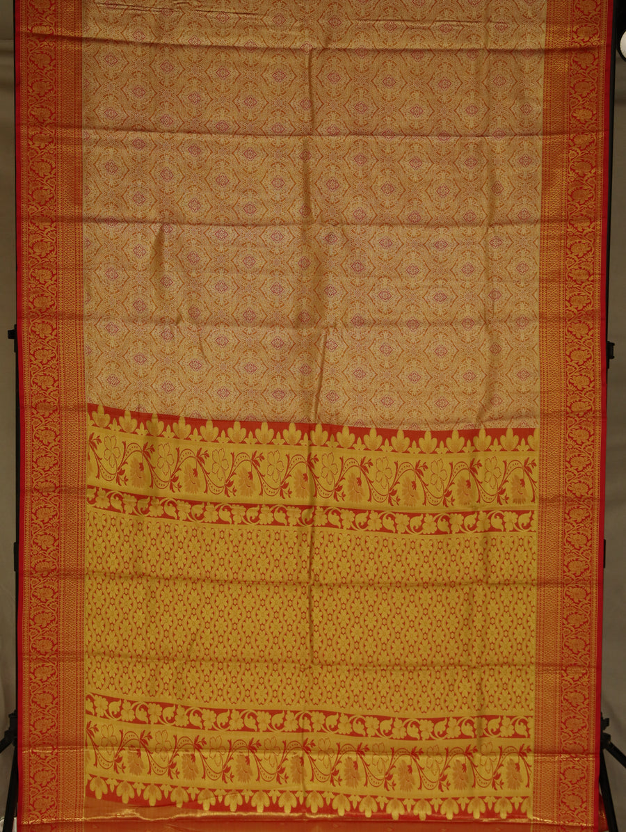 Golden Beige Kanchipuram Inspired Semi Silk Saree with Wide Contrast Border