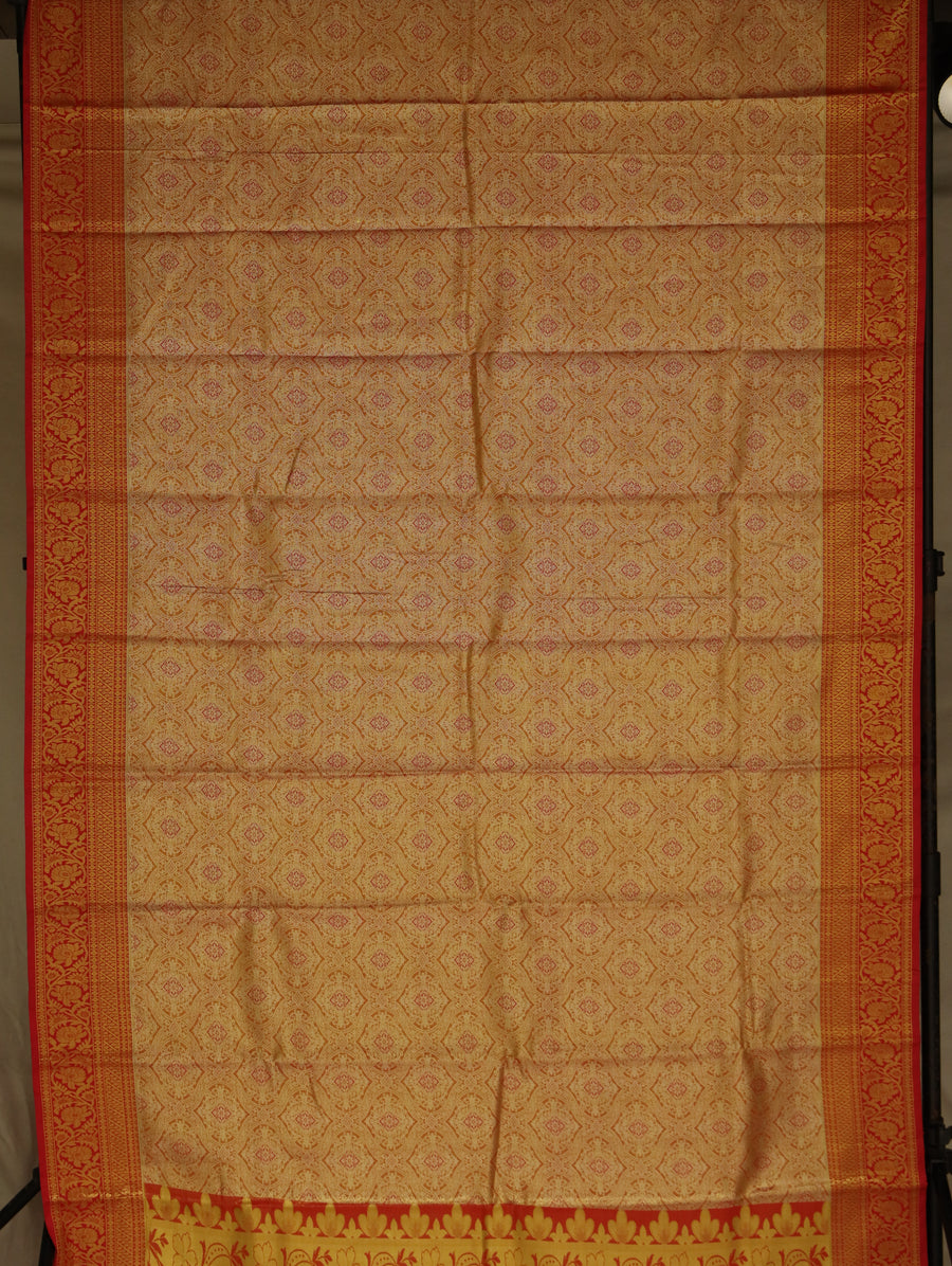 Golden Beige Kanchipuram Inspired Semi Silk Saree with Wide Contrast Border