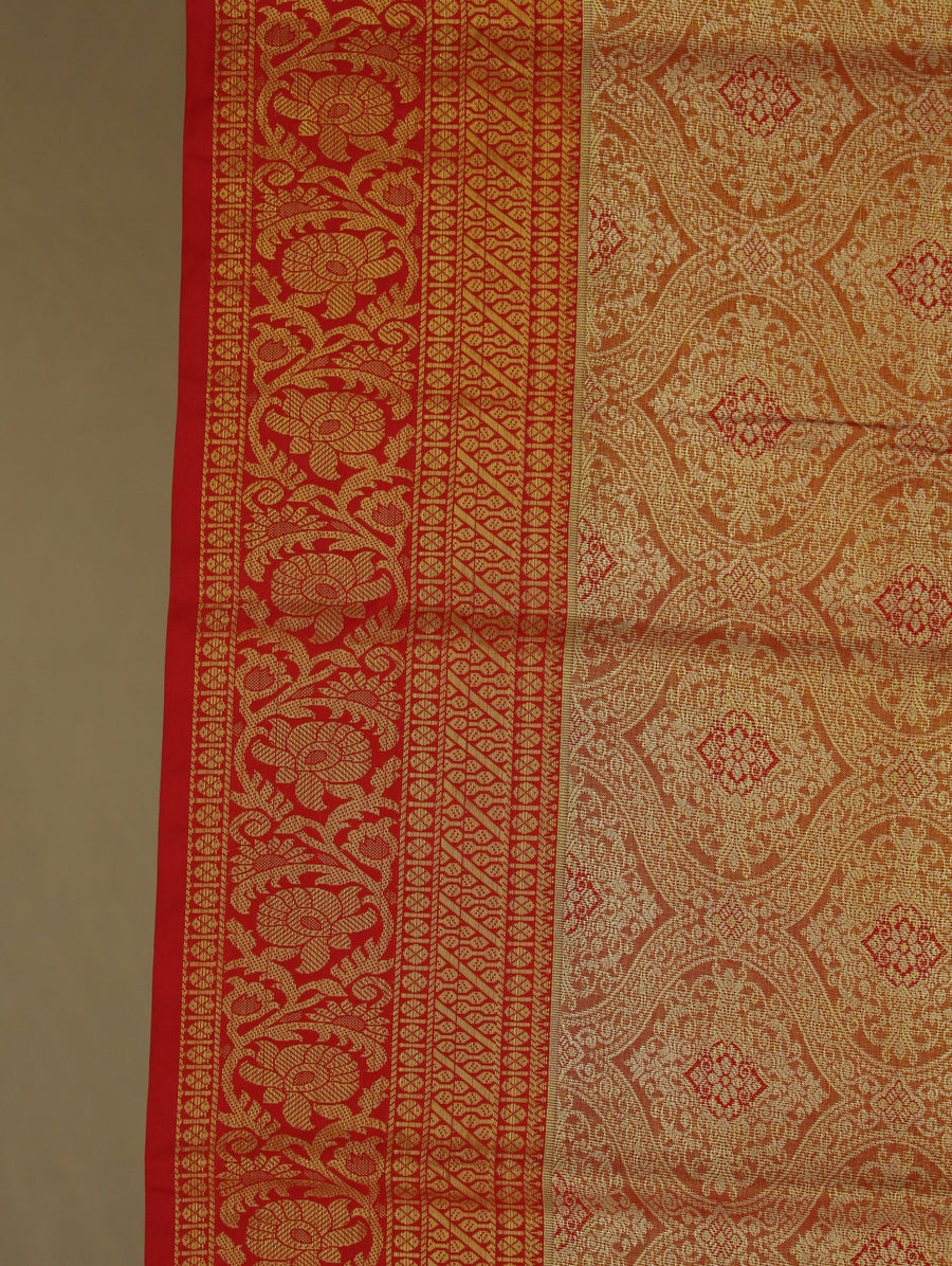 Golden Beige Kanchipuram Inspired Semi Silk Saree with Wide Contrast Border
