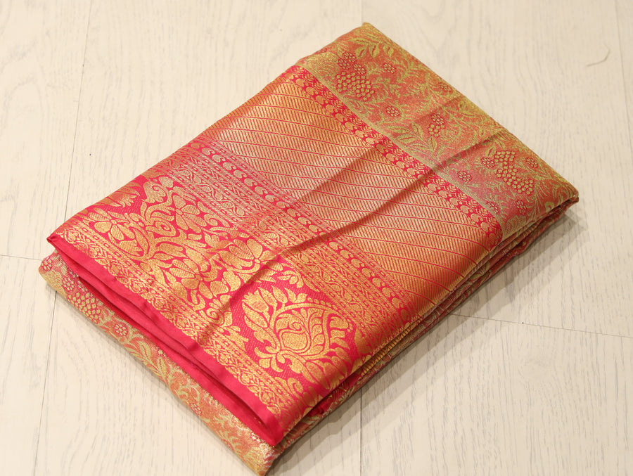 Coral Red Kanchipuram Inspired Semi Silk Saree with Wide Self Border