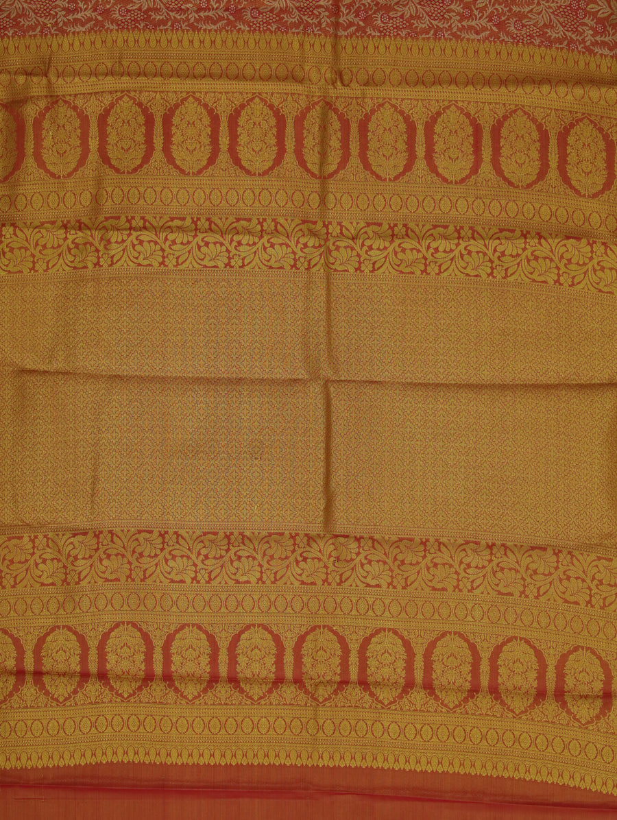 Coral Red Kanchipuram Inspired Semi Silk Saree with Wide Self Border