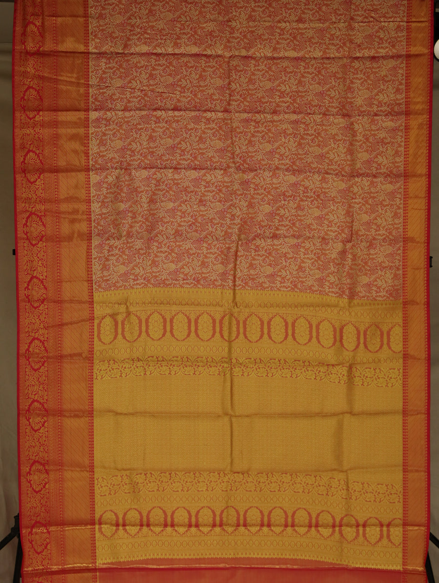 Coral Red Kanchipuram Inspired Semi Silk Saree with Wide Self Border