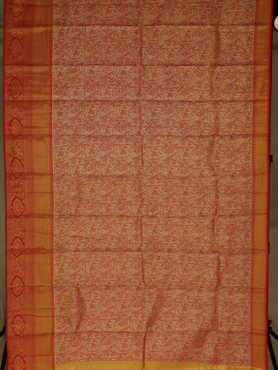 Coral Red Kanchipuram Inspired Semi Silk Saree with Wide Self Border