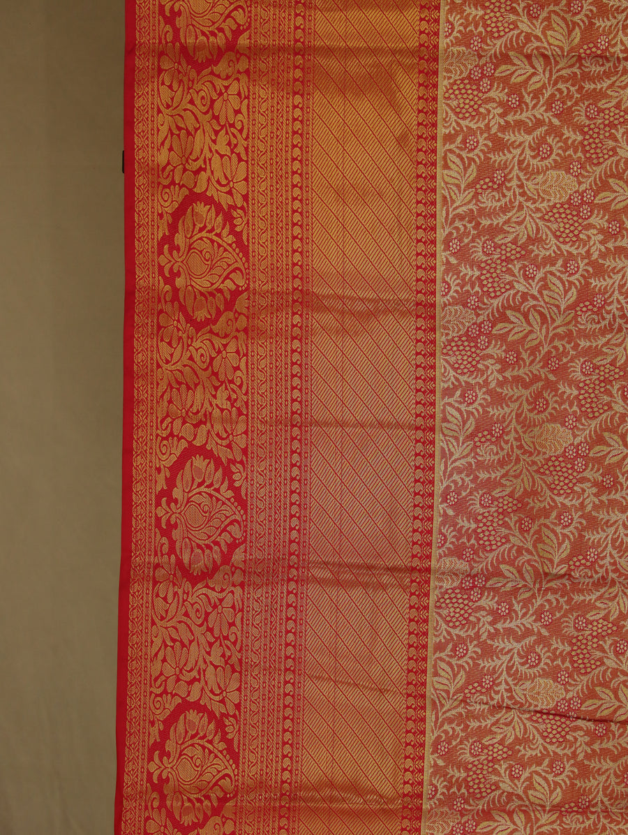 Coral Red Kanchipuram Inspired Semi Silk Saree with Wide Self Border