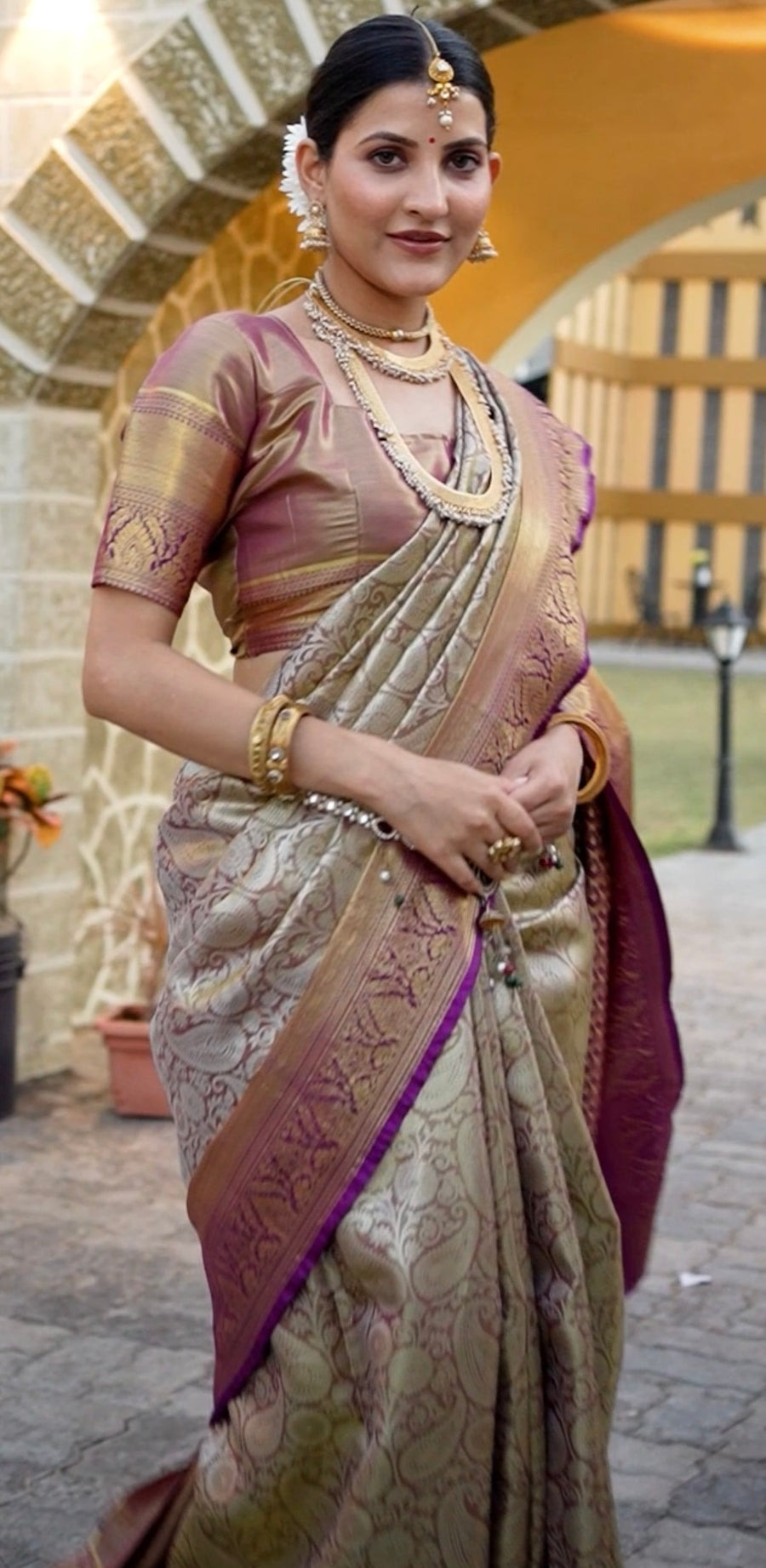 Antique Beige & Royal Purple Kanchipuram Bridal Semi Silk Saree with Floral Zari Brocade & Gold Pallu