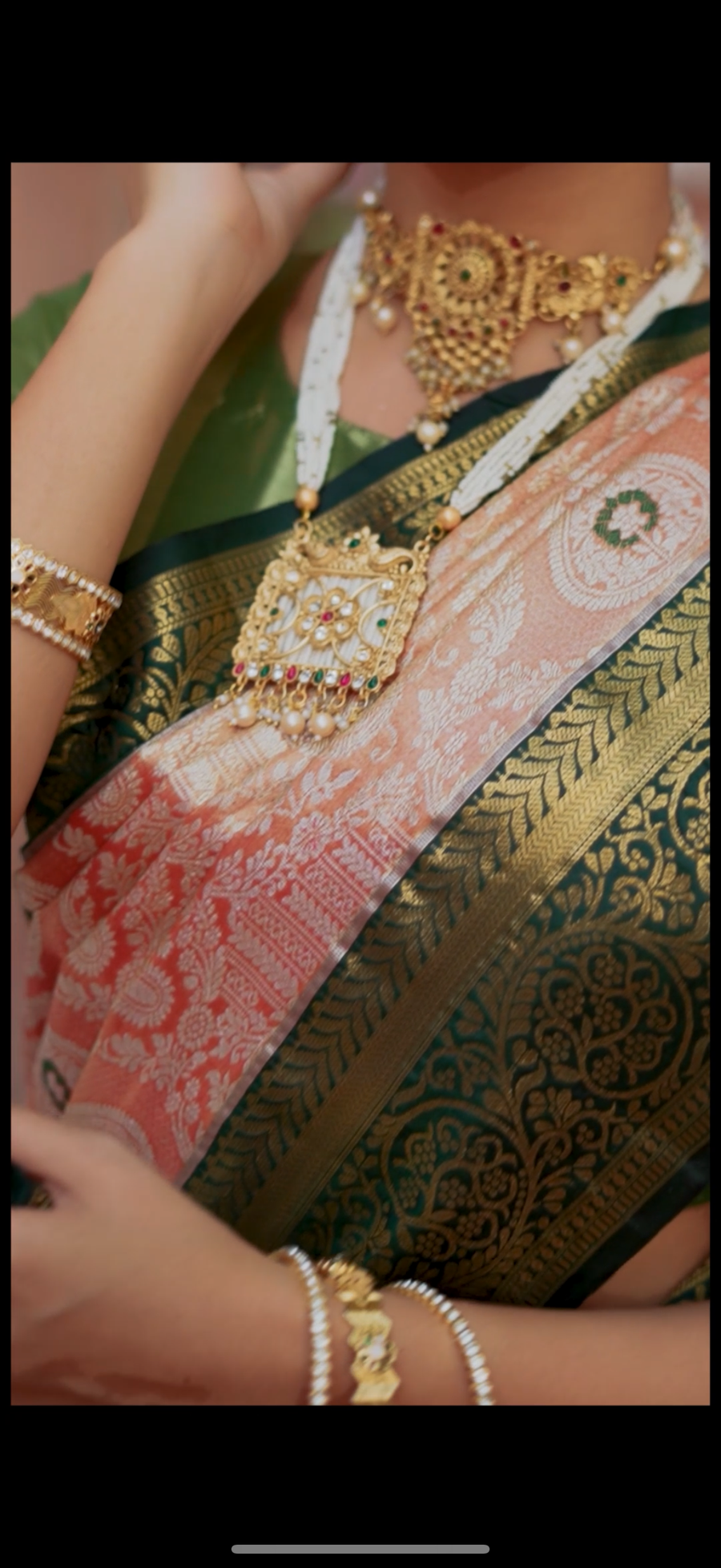 Parrot Green & Peach Kanchipuram Inspired Semi Silk Saree with Floral Zari Brocade & Temple Border