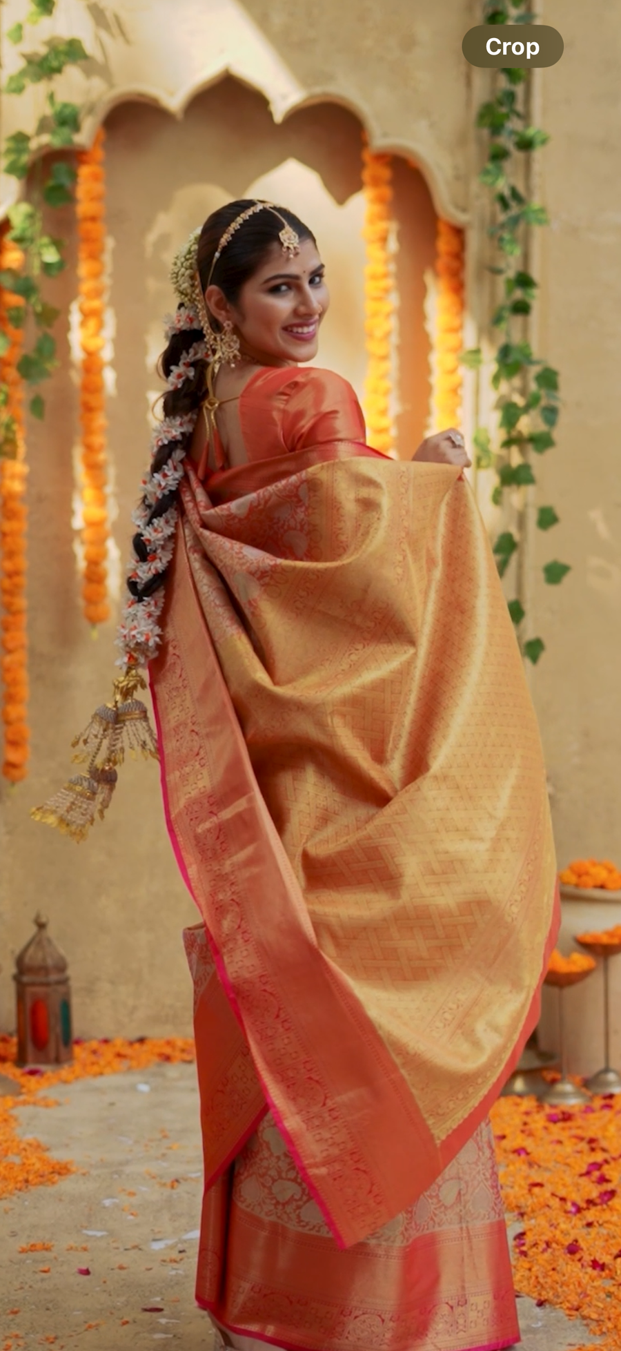 Warm Orange & Rani Pink Kanchipuram Inspired Semi Silk Saree with Floral Brocade & Rich Gold Pallu