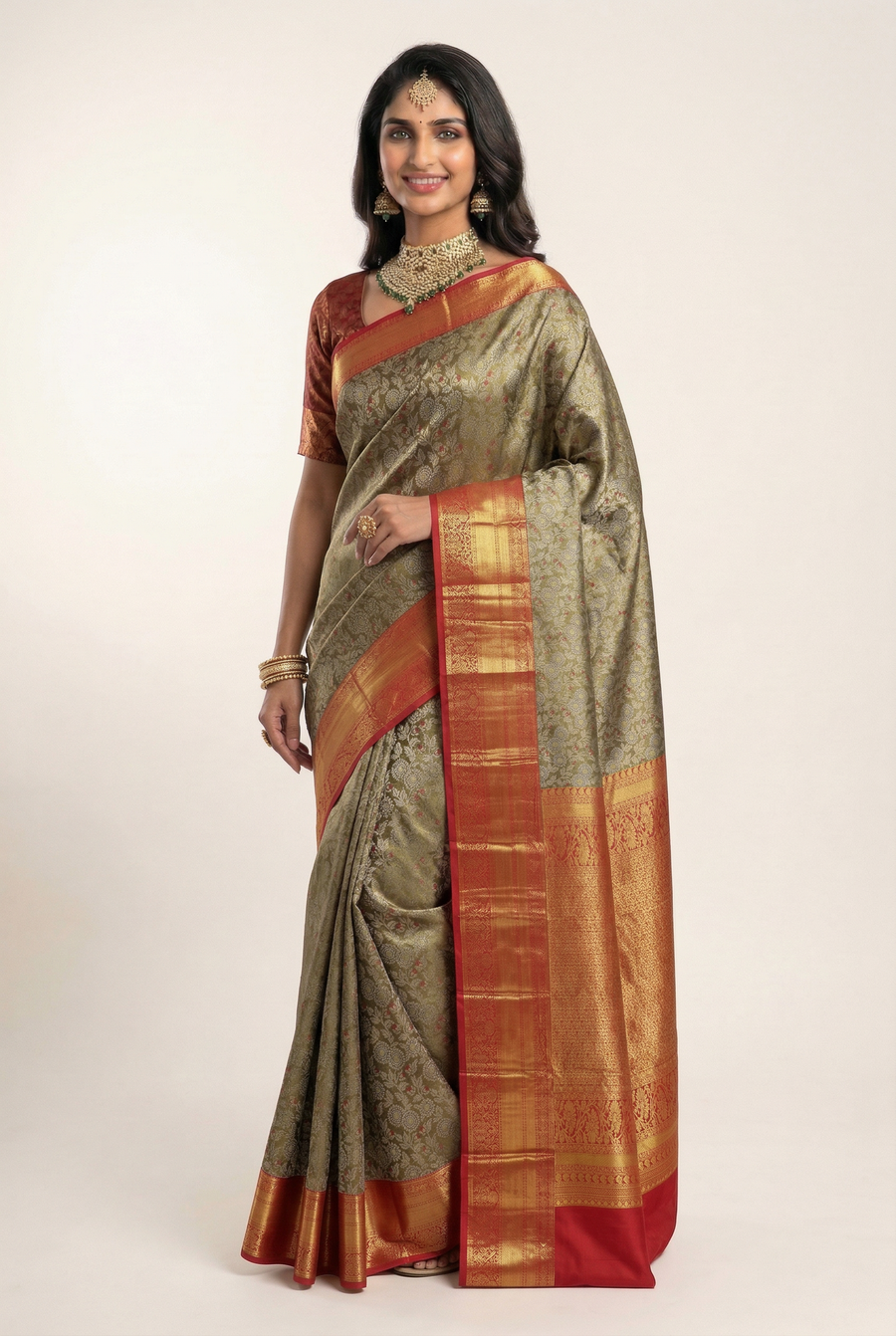 Olive Grey Gadwal Inspired Semi Silk Saree with Wide Contrast Border