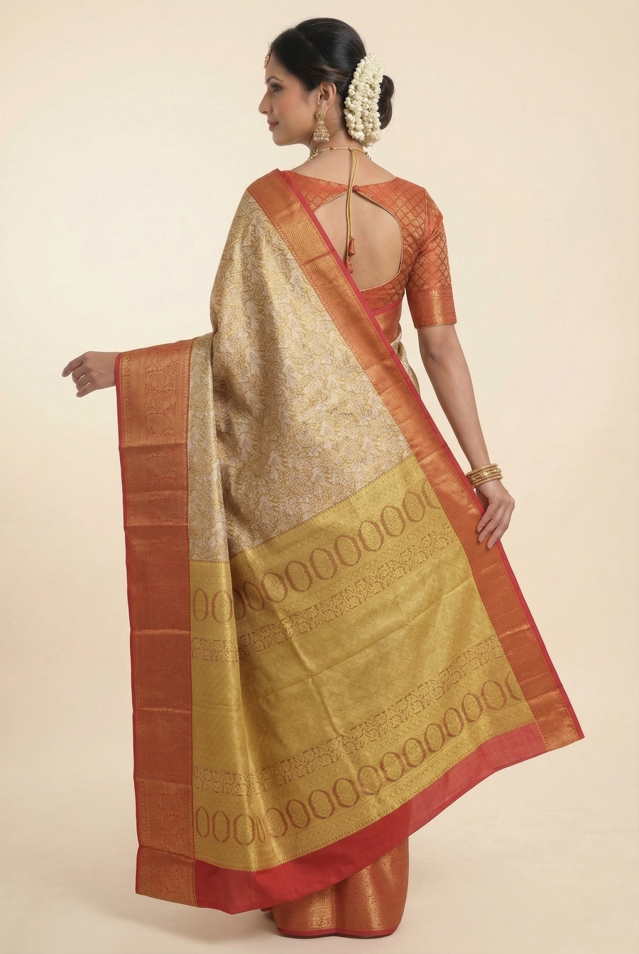 Olive Green Kanchipuram Inspired Semi Silk Saree with Wide Contrast Border