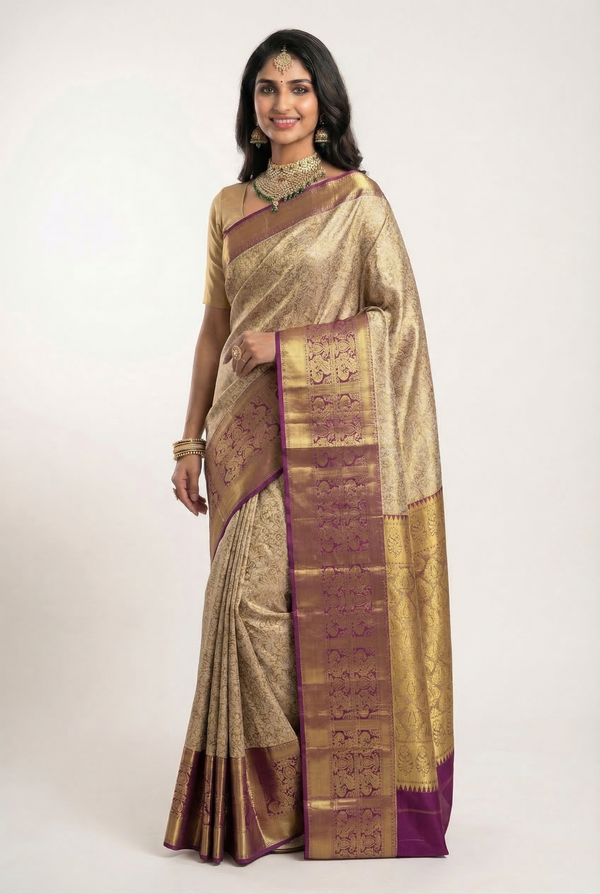 Peach Orange Kanchipuram Inspired Semi Silk Saree with Wide Contrast Border