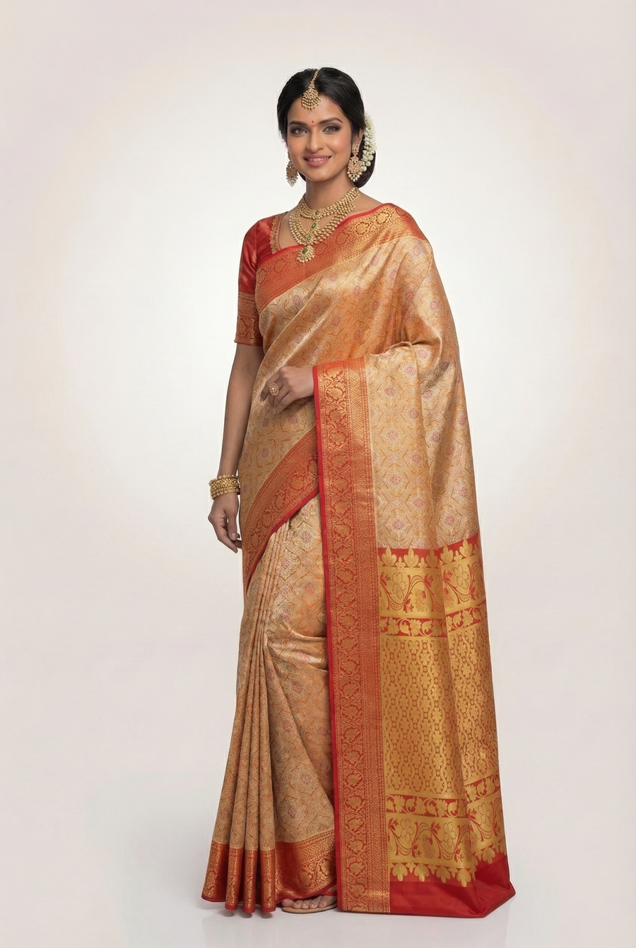 Golden Beige Kanchipuram Inspired Semi Silk Saree with Wide Contrast Border