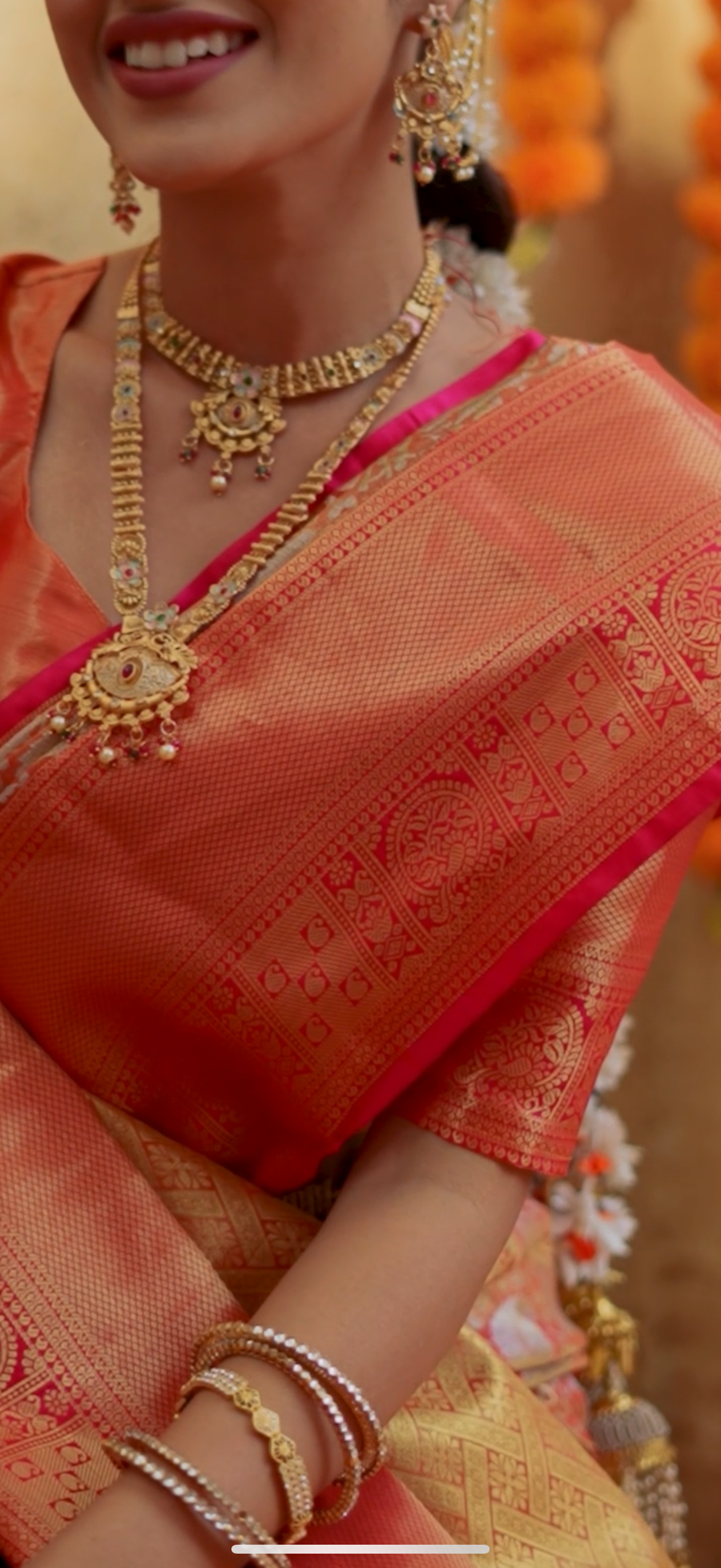 Warm Orange & Rani Pink Kanchipuram Inspired Semi Silk Saree with Floral Brocade & Rich Gold Pallu