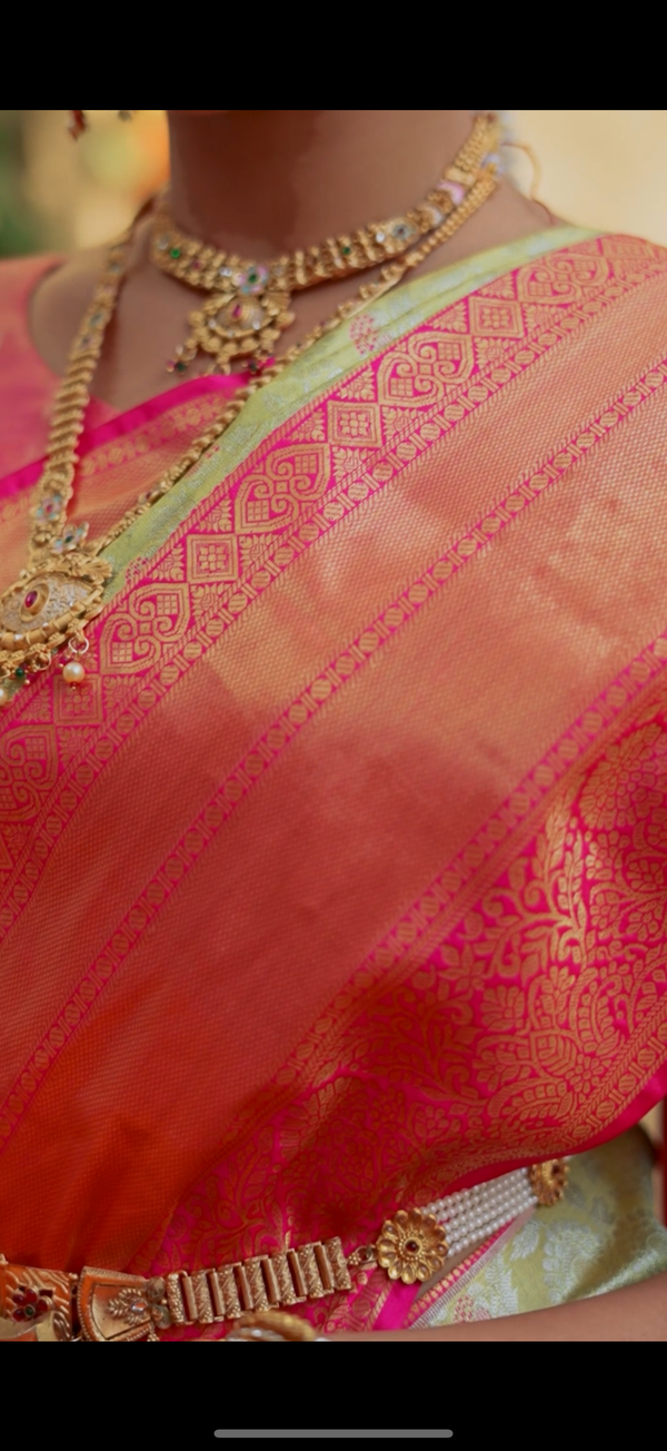 Pistachio Pastel Green & Coral Pink Kanchipuram Inspired Semi Silk Saree with Geometric Zari Border