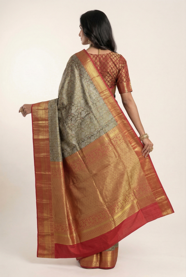 Olive Grey Gadwal Inspired Semi Silk Saree with Wide Contrast Border
