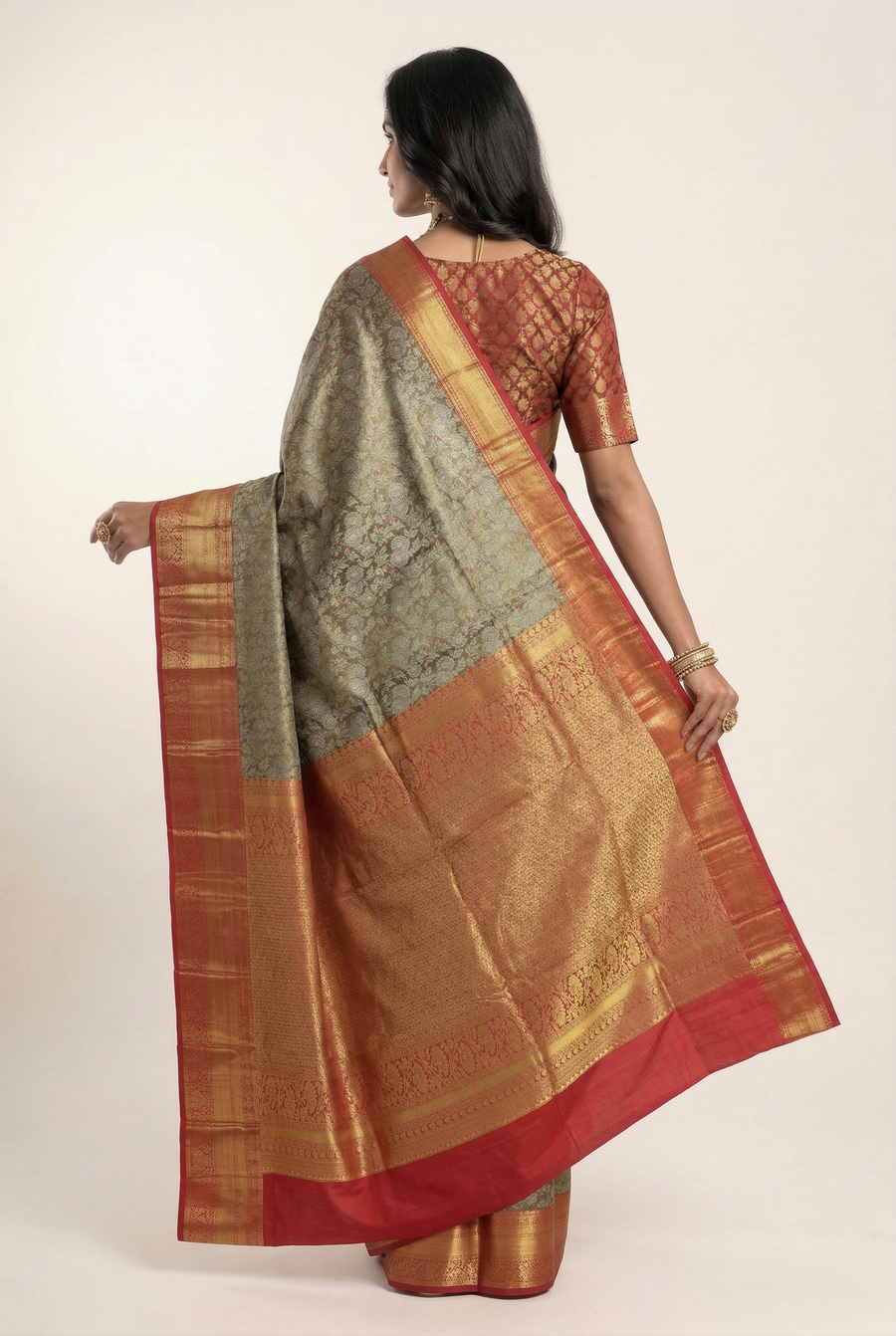 Olive Grey Gadwal Inspired Semi Silk Saree with Wide Contrast Border